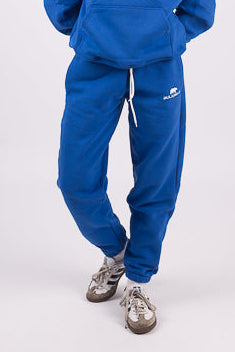 Niebieskie spodnie dresowe SweatPants Atrophy z 340Gsm, miękka tkanina, szczegóły i tekstura materiału.