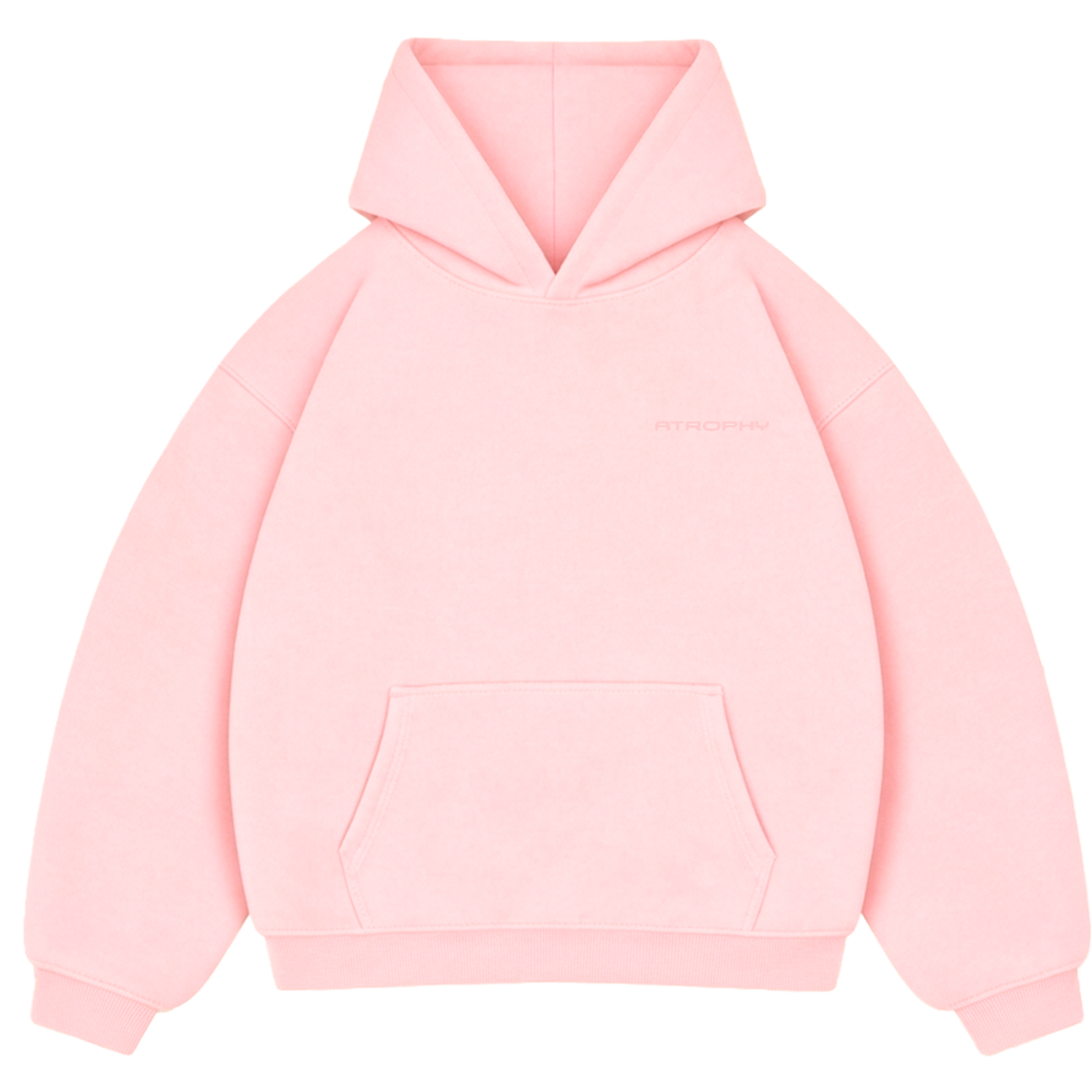 Miękka różowa bluza Atrophy w odcieniu Peachy Pink, pokazana na wieszaku, wygodna i stylowa do codziennego noszenia
