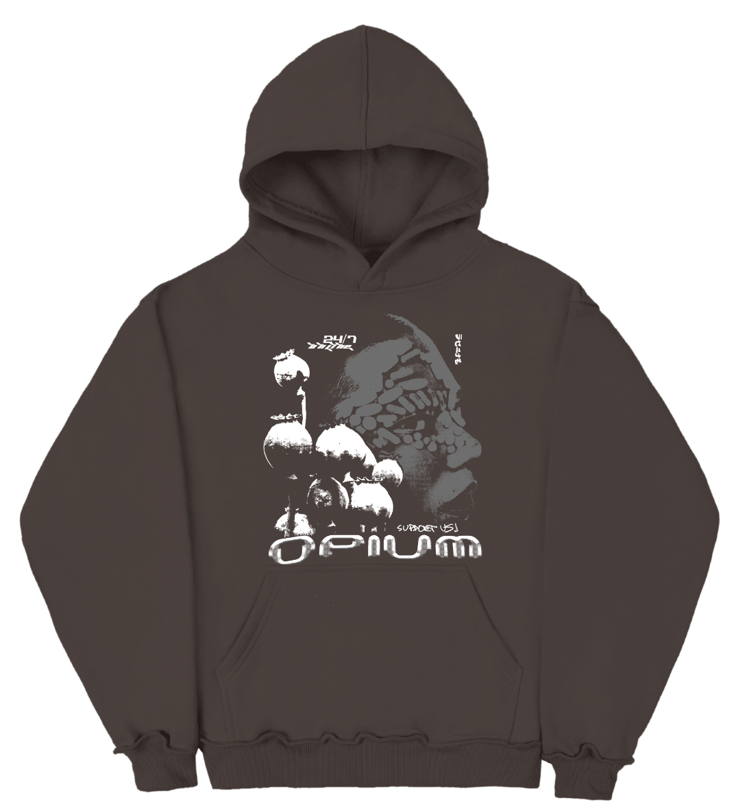 Brązowa bluza Opium od Atrophy, miękka i wygodna, pokazana na zdjęciu, z kapturem i luźnym krojem.