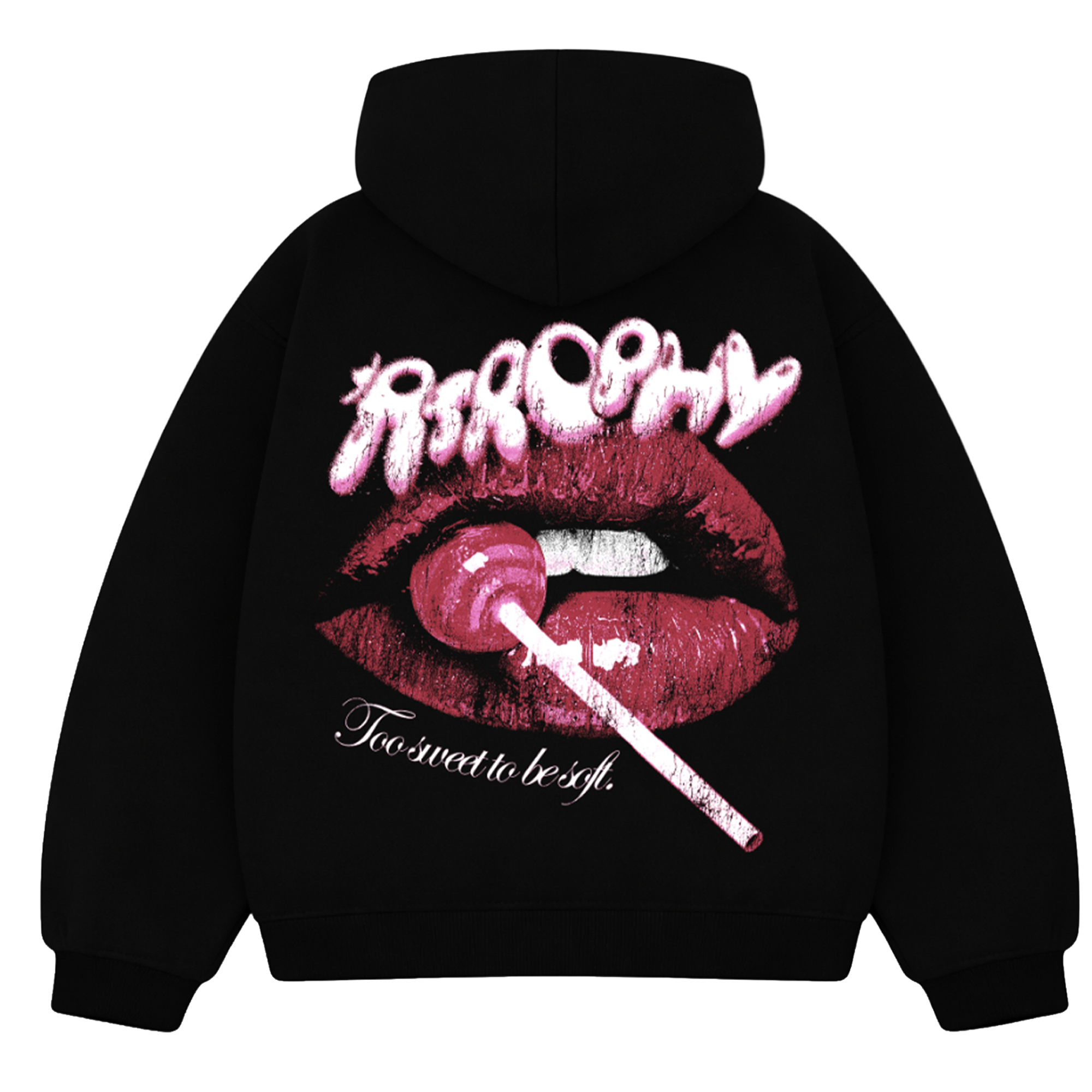 Bluza Signature Lolipop Lips marki Atrophy z nadrukiem w kształt lizaka i ust, czarna z kolorowymi detalami.